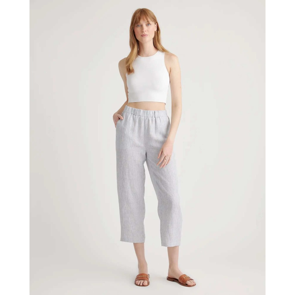 Quince European Linen Pinstripe Pants Blue White Striped Cropped Medium NWT